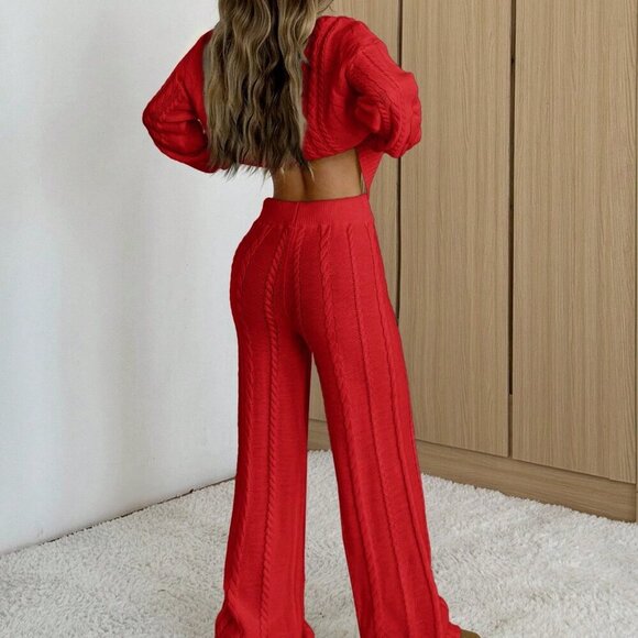 Red Casual Women's Long Sleeve Crew Neck Knit Sweater And Pants Set - Picture 2 of 4